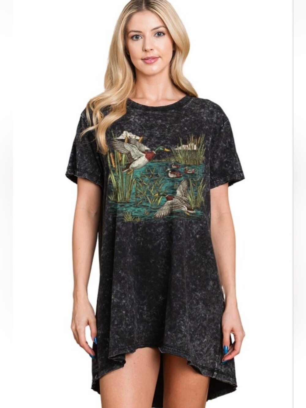 Black Mineral Wash Graphic Tunic Top Dress with Duck Print